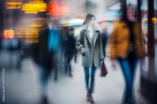 Blurred businesswoman people walking street in city with bokeh lights. Crowd. Motion blurry. Generative AI