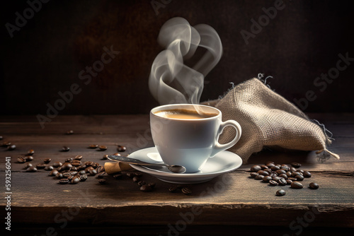 Coffee cup and coffee beans on wooden background. Generative Ai