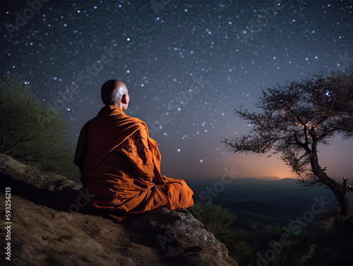  Buddhis monk are at pindapatta ceremony in Borobudur temple Indonesia Generative AI photo