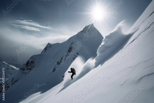 Foto Skier going down a snowy slope with a beautiful winter landscape in the backgrou