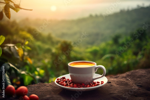 Cup of hot coffee and coffee beans on background of coffee plantation. Generative Ai photo