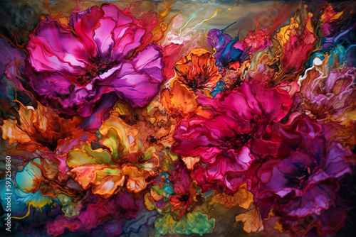 Abstract painting of flowers in various colors. Generative Ai