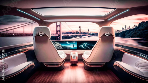 The interior of a luxury and futuristic speedboat with a view of the bridge, generative ai