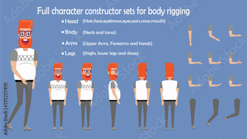 Cartoon 2d man character constructor sets for full body and head rigging design vector