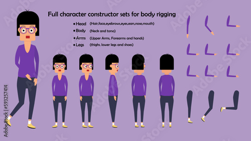 Cartoon 2d woman character constructor sets for full body and head rigging design vector