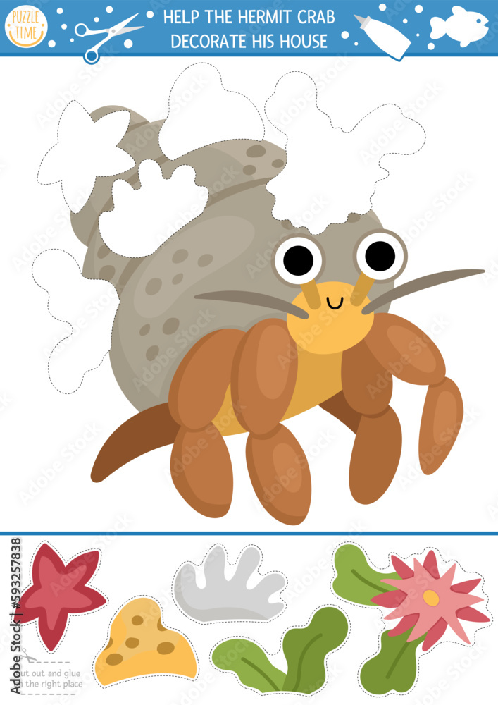 Fototapeta premium Vector under the sea cut and glue activity. Crafting game with cute water landscape, whale, dolphin. Underwater treasure hunt printable worksheet for kids. Help hermit crab decorate his house.