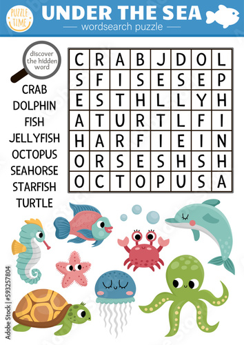 Vector under the sea word search puzzle for kids. Simple easy ocean life word search quiz for children. Water animals and fish educational activity with octopus, starfish, crab, whale, dolphin.