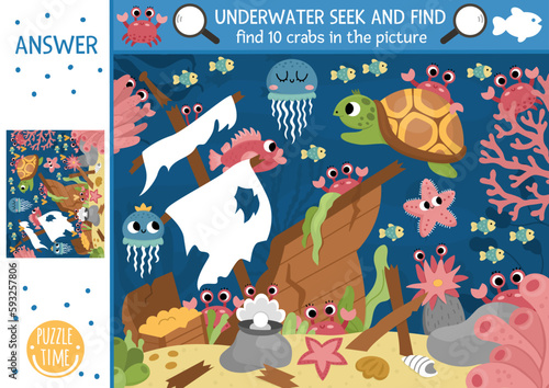 Vector under the sea searching game with sea landscape, wrecked ship. Spot hidden crabs in the picture. Simple ocean life seek and find printable activity for kids. Water animals hunt.