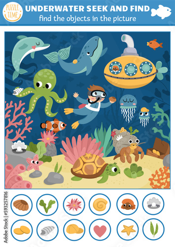 Vector under the sea searching game with sea landscape, submarine, diver. Spot hidden objects in picture. Simple ocean life seek and find educational printable activity for kids. Water animals hunt © Lexi Claus