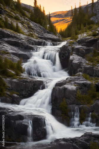 illustration of a beautiful nordic waterfall - generative AI