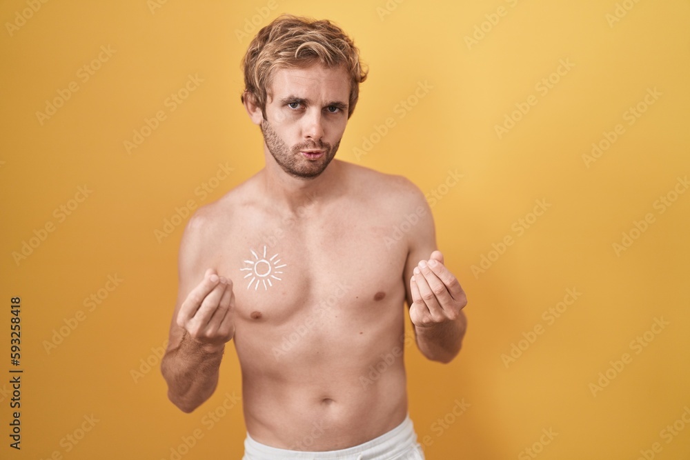 Caucasian man standing shirtless wearing sun screen doing money gesture with hands, asking for salary payment, millionaire business