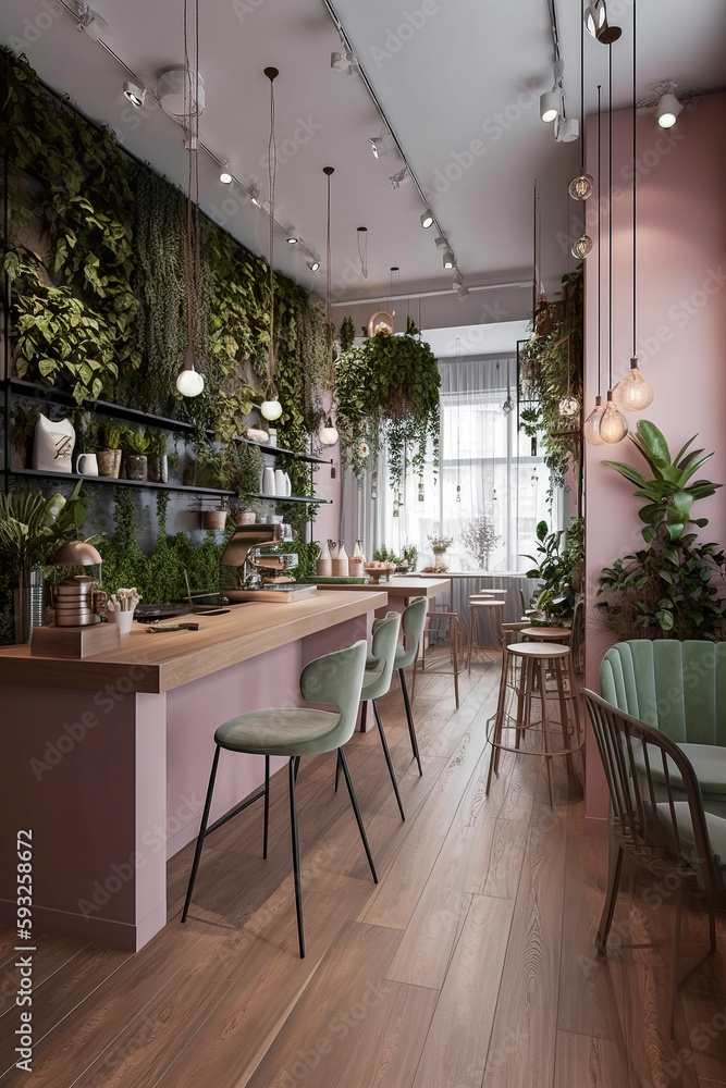 Fototapeta premium Generative AI illustration of an ecological and sustainable Coffee shop with recycled wood furniture, plants and lots of natural light