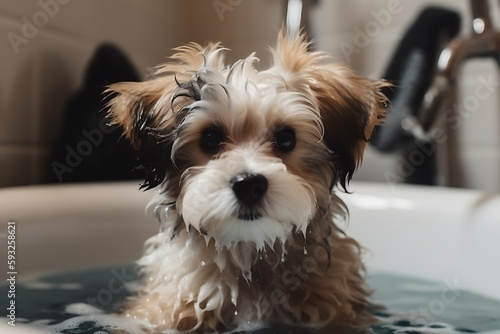Cute fluffy bobtail puppy takes a bath filled with foam, a kawaii dog with fluffy fur sits in a bathtub. looking at the camera, cute pet, pet washing, generative ai