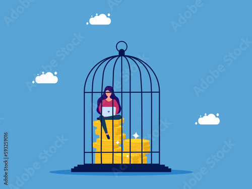 Trapped in money or working until lack of freedom. woman working with laptop in cage and stack of money vector © Nastudio