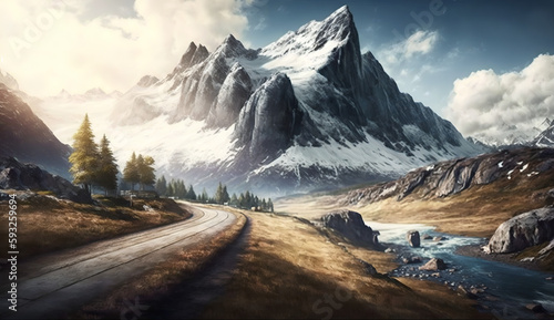 Landscape with snowy Mountain, Mountain View, Road in the Mointains, Sonwy Mountain
