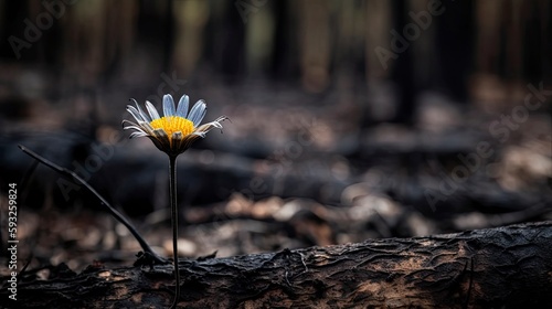 Single flower in the middle of a burnt forest