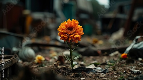 Single flower in the middle of a junk yard