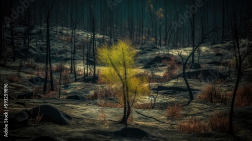 Single tree in the middle of a burnt forest