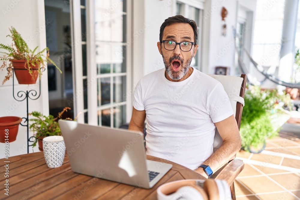 Middle age man using computer laptop at home afraid and shocked with surprise and amazed expression, fear and excited face. Middle age man using computer laptop at home afraid and shocked with surprise and amazed expression, fear and excited face.