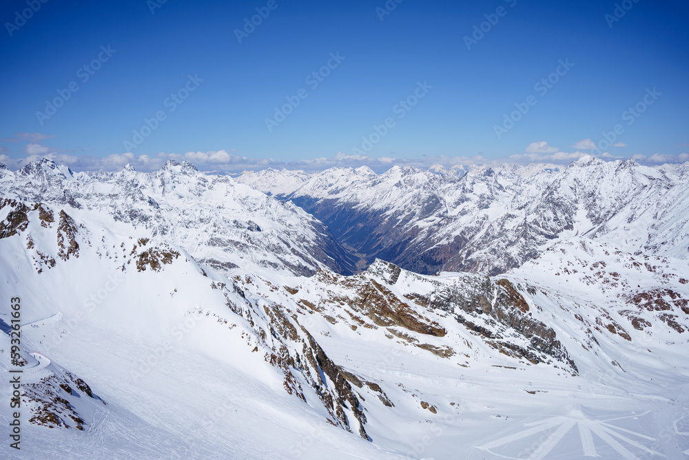 View of the ski slope and mountains from a height of 3440 m in Pitztal, Austria