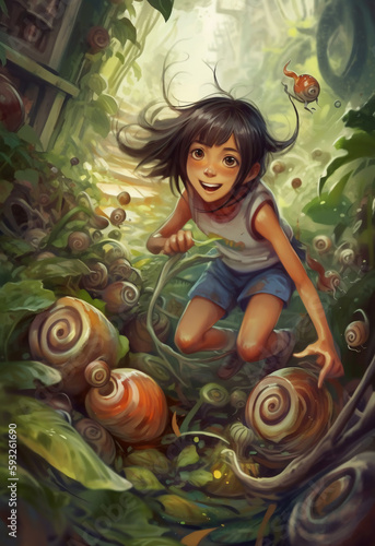 fantasy garden microcosm gardencore anime character, a somptuous slugpunk snail girl hunting a three legs salad running away photo