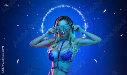Music album cover design idea. Hot DJ in neon lights. Portrait of sexy TDJ at the night club party. Mixtape or book covers - download high resolution picture for your song or music clip.