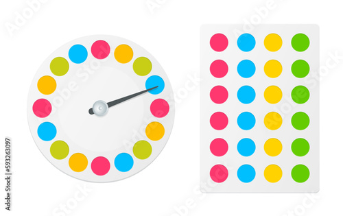 Twister Game Board and Mat with Color Circles Set Isolated on a White Background. Vector illustration of Leisure Concept photo
