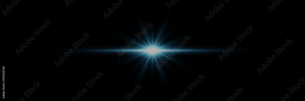 Glowing light explodes on a black background. Glittering magical dust particles. Bright Star. Transparent shining sun, bright flash.