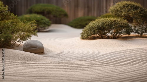 Japanese Zen garden background with space for copy. Generative AI