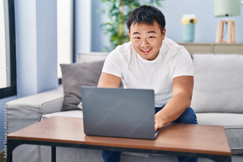 Young chinese man using laptop sitting on sofa at home