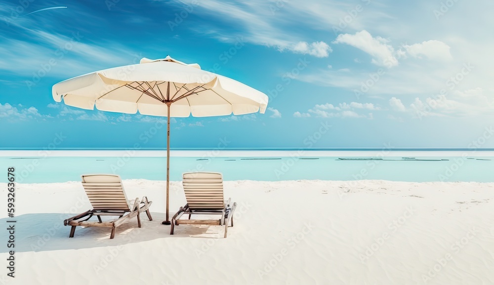 Beach with white sand, chairs, and an umbrella. It represents travel and tourism. Incredible seaside scene.Generative AI