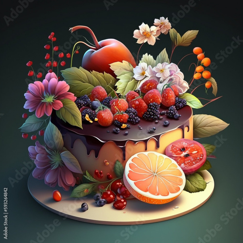 delicious cake with fruit and flowers Generative AI