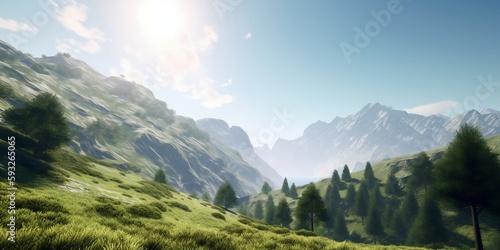 Mountain Ridge with Valley and Sun