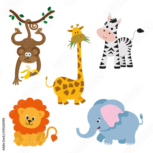 Wild animals illustration set. Cute African jungle animals collection isolated on white background.Children illustration.