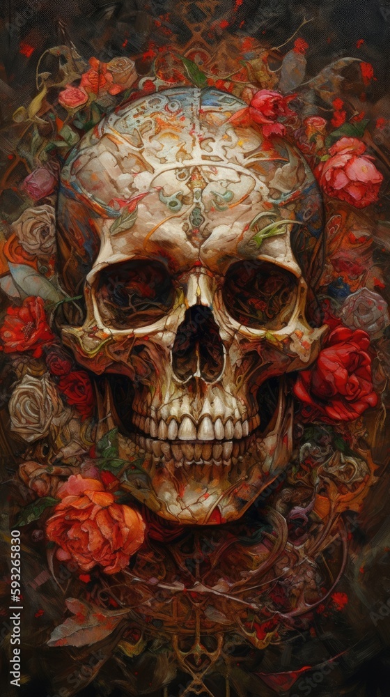 Human skull surrounded by red roses, macabre shrine to the dead, gloomy reminder of time passing and death - generative AI