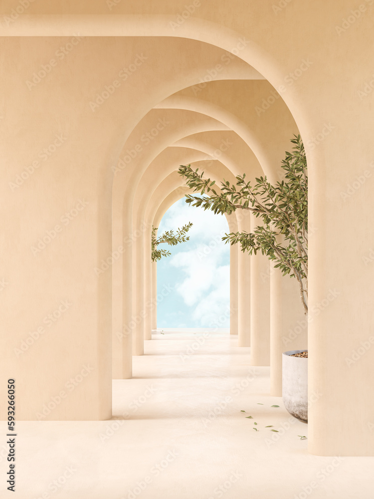 interior corridor with arches in mediterranean style 3D rendering