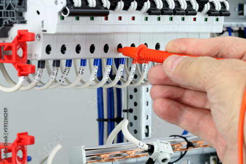 Measurement of electrical circuit parameters using a multimeter in an electrical switchboard.