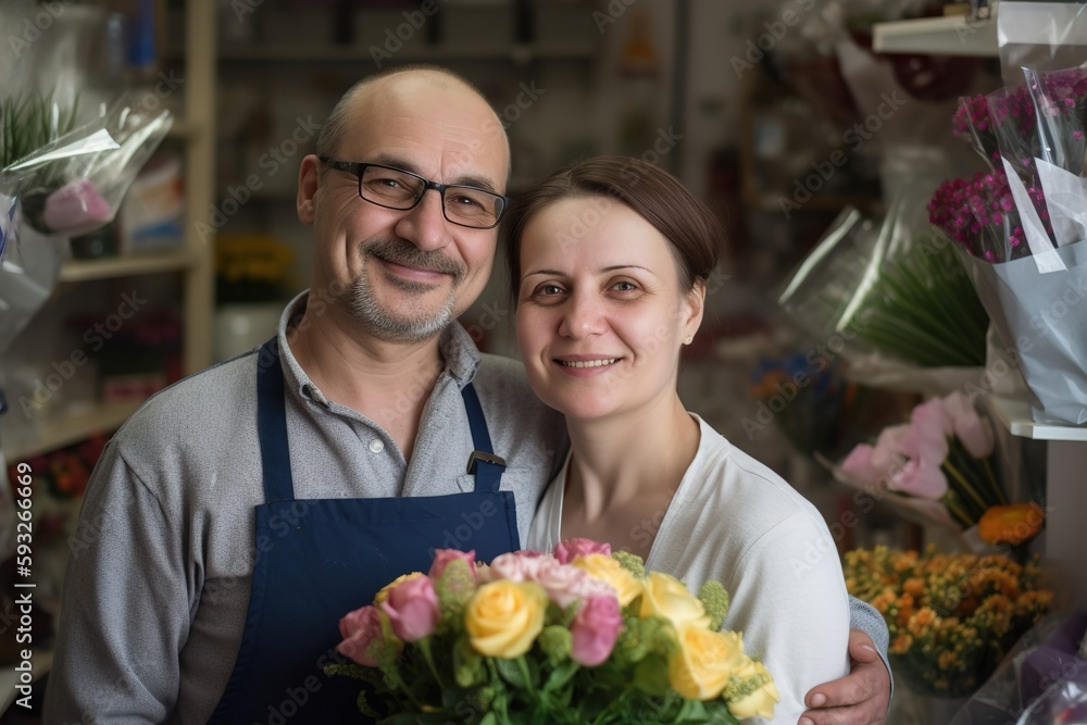 flower owner florist woman business store shop retail bouquet plant occupation copule family female working, created using generative AI technology flower owner florist woman business store shop retail bouquet plant occupation copule family female working, created using generative AI technology