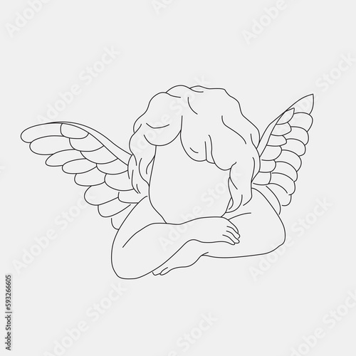 Baby angel line drawing. Isolated white background. Cherub wings. Vector