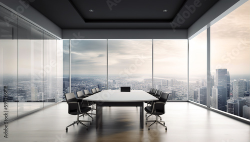 Empty modern conference room in the office with large windows and city view. AI generated