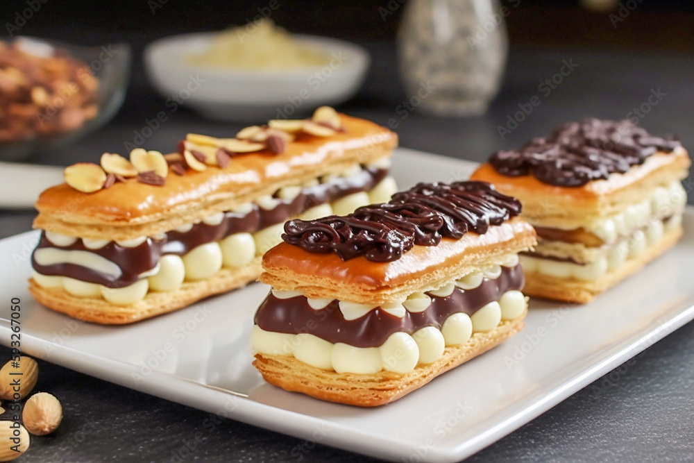 Small french cakes on a plate, closeup. Generative AI Small french cakes on a plate, closeup. Generative AI