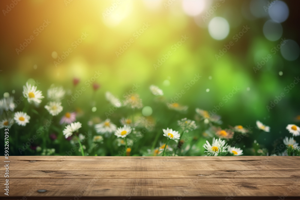 Wooden table in a garden, camomile flowers, bokeh lights. Generative AI Wooden table in a garden, camomile flowers, bokeh lights. Generative AI