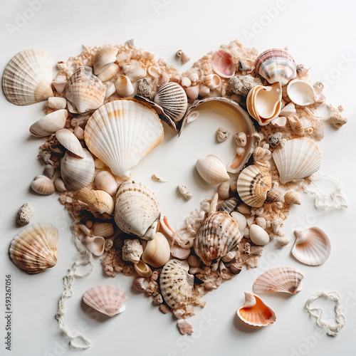 Heart shape composition of seashells, top view. Generative AI