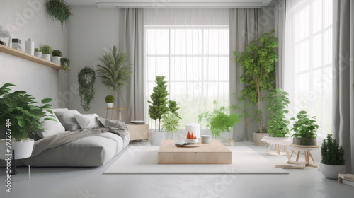 Modern living room with plants. Illustration AI Generative. © olegganko