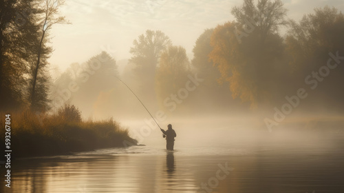 Man fly fishing in fog Illustration AI Generative.