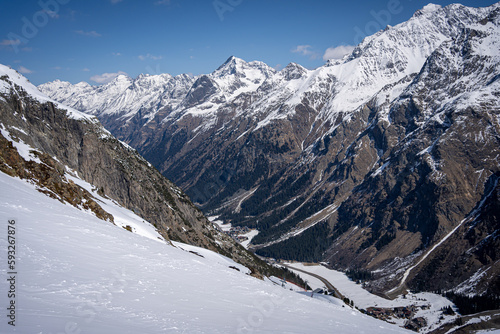 View of the road and ski mountains from a height of 3440 m in Pitztal, Austria