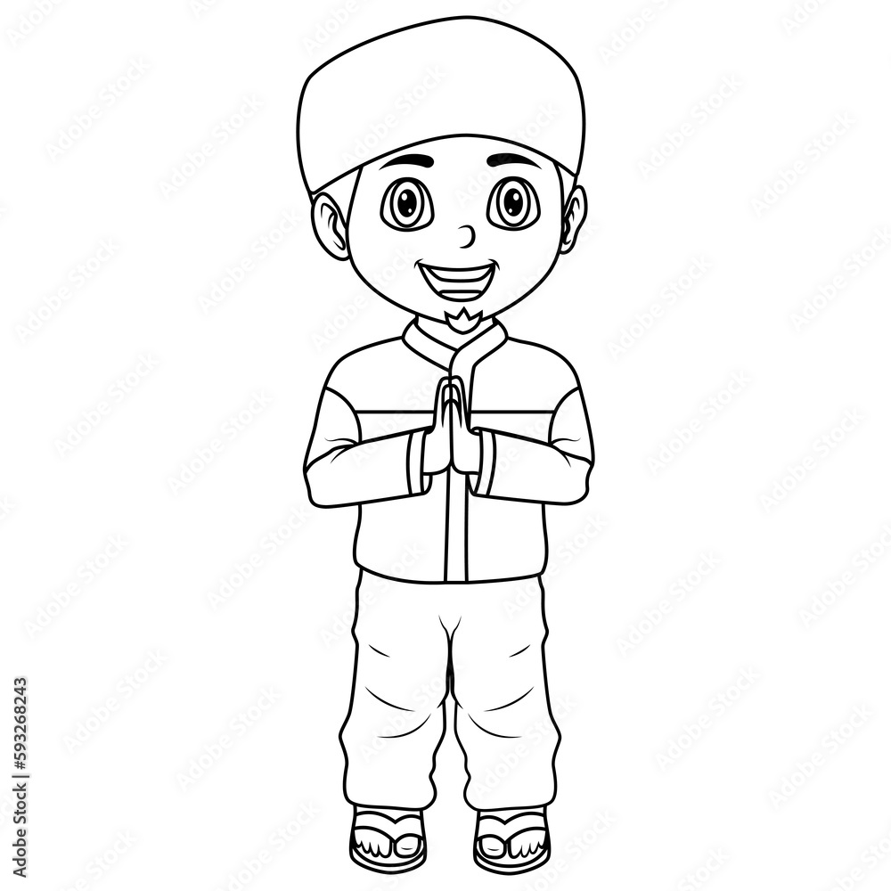Illustration of Happy muslim man cartoon line art