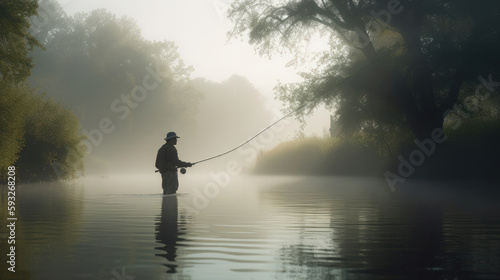 Man fly fishing in fog Illustration AI Generative. © olegganko