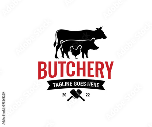 Butcher shop logo design. Butcher logo design with cow, pig, chicken, and beef. Butchery logo vector illustration