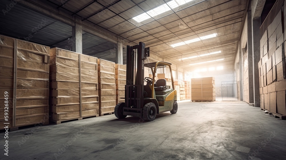 Delivering with Precision: Forklift & Forklift Box Logistically Storing Materials inside Warehouse Interior. Generative AI